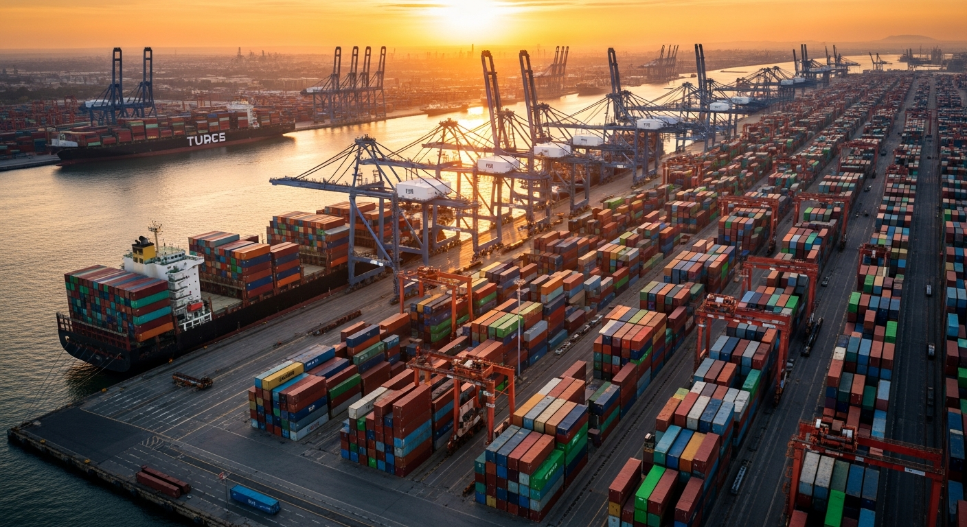 International shipping port at golden hour